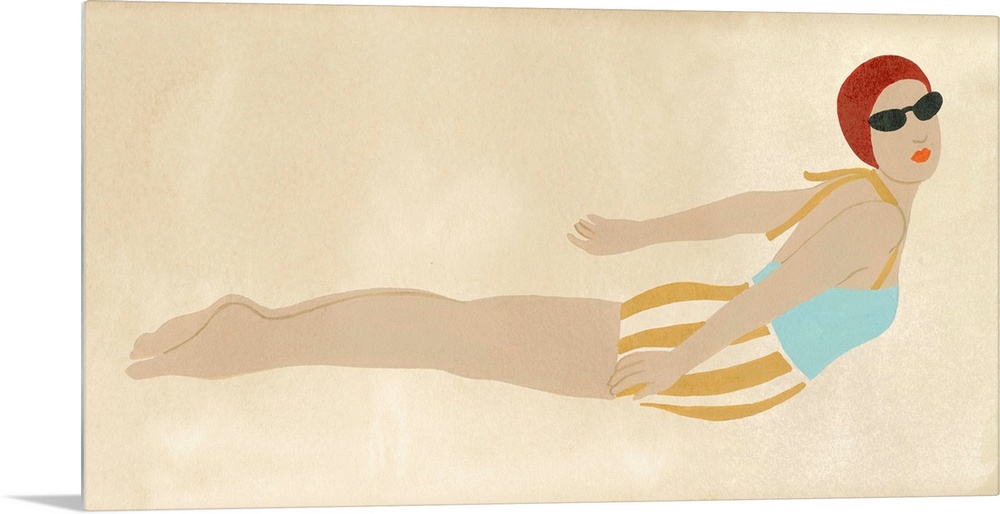 Vintage style illustration of a woman in a trendy bathing suit in mid-dive.