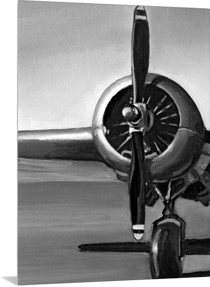 Vertical, oversized artwork of a wing, propeller and wheel on a vintage airplane, casting a shadow on the ground.