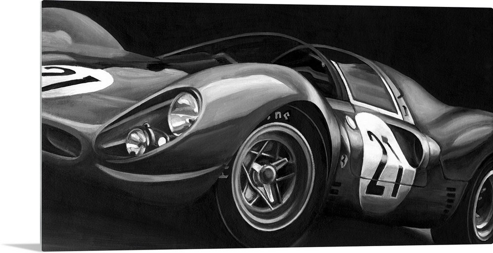 Landscape, large vintage art in black and white of the side view of a rounded race car with the number twenty one.