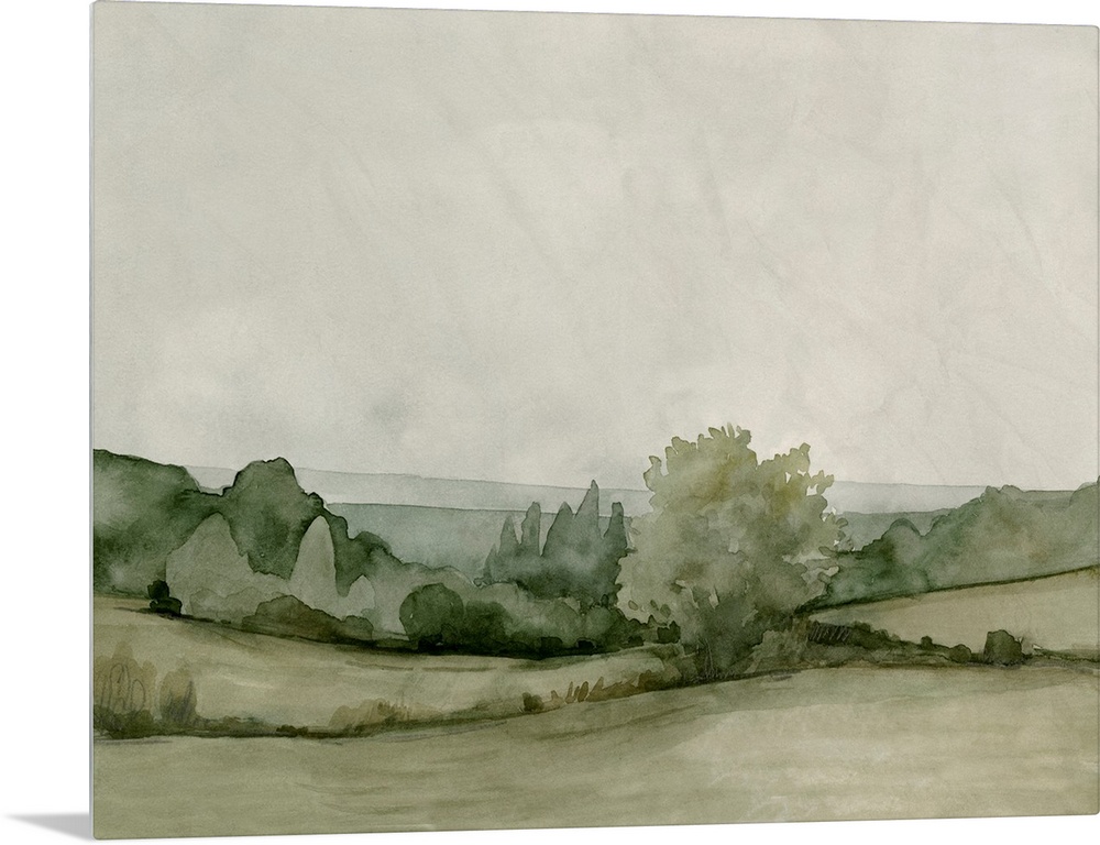 A transitional pastoral scene of trees and hedges under a cloudy sky, in an abstract watercolor style