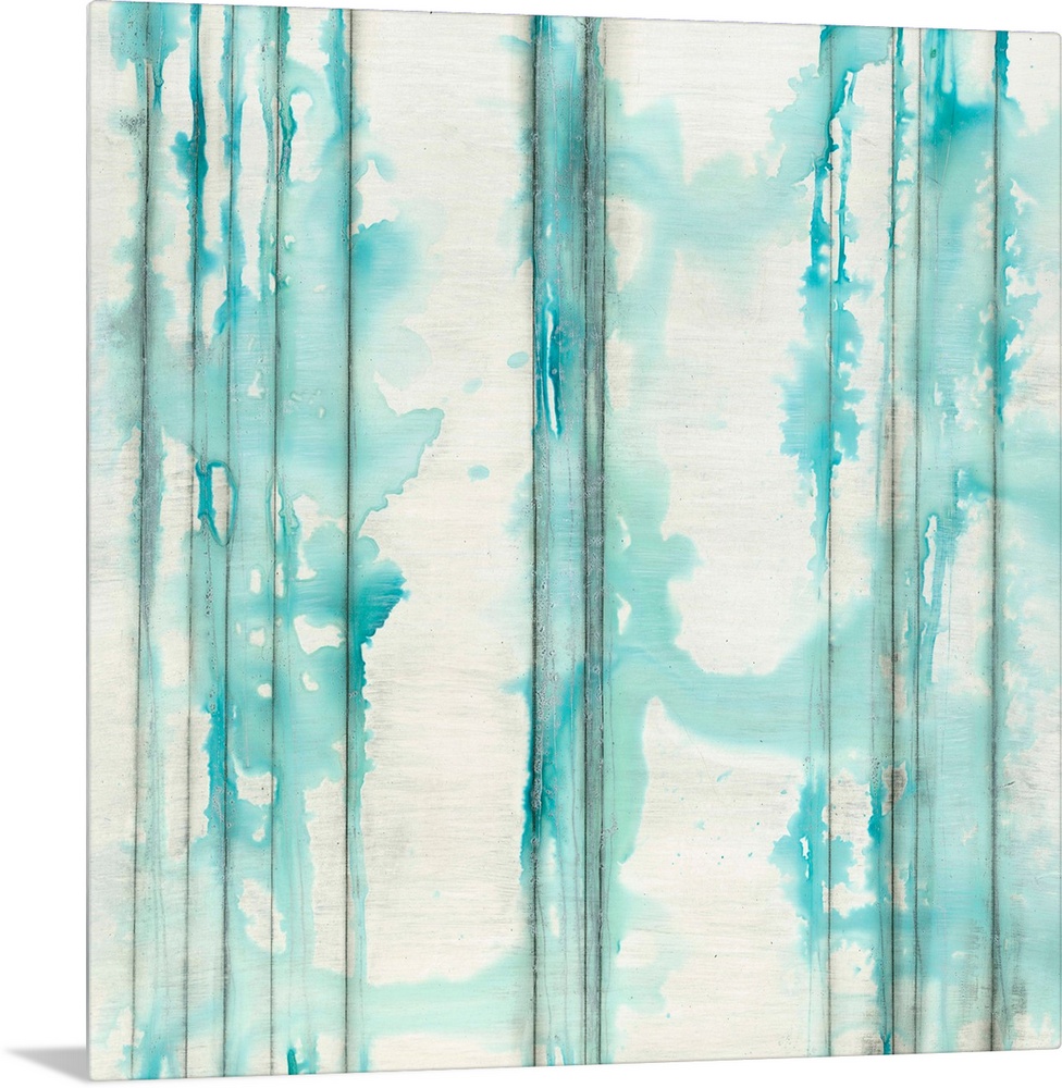 Square abstractly painted canvas of vertical lines with splattered watercolor paint on top.