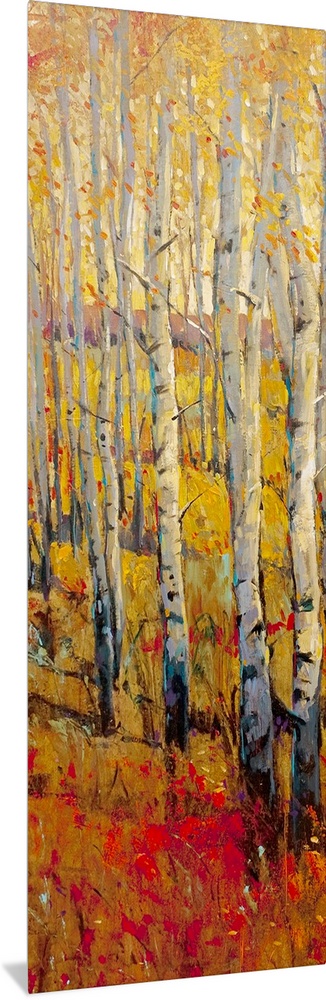 This vertical painting of white barked trees in a narrow landscape of autumn colored grass.