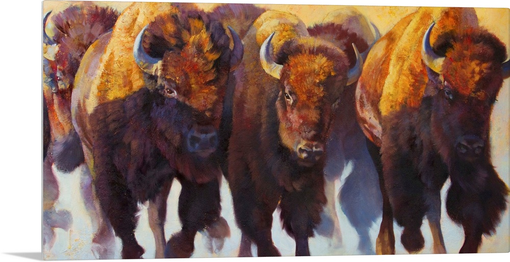 Painting on canvas of bison and buffalos running in a pack.