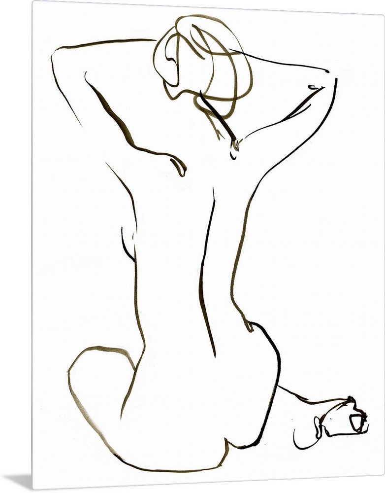 Abstracted nude seated figure on a white background.