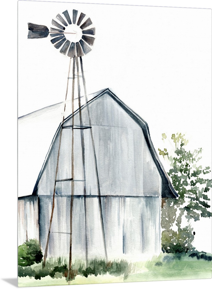 This watercolor painting features a serene barn with a windmill.