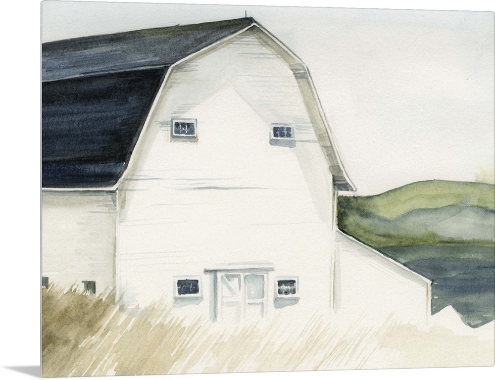 Watercolor landscape featuring a white barn in a field with rolling hills in the background.