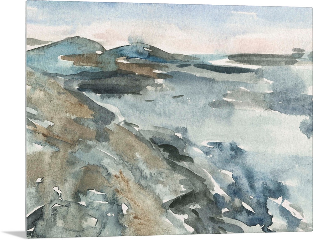 Contemporary watercolor landscape of a mountainous landscape.