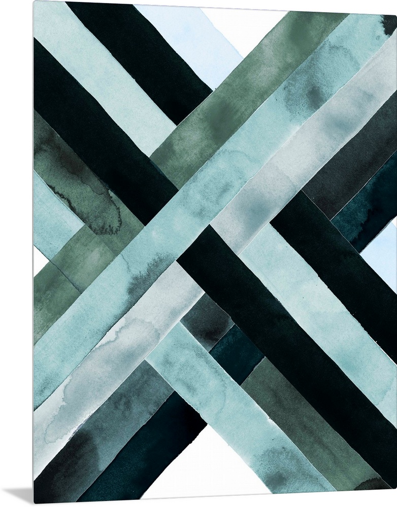 Abstract watercolor artwork of woven bands in black and blue shades, forming an X shape.