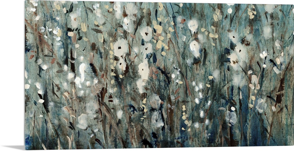 Contemporary painting of several flowers in a field, in blue and grey tones.