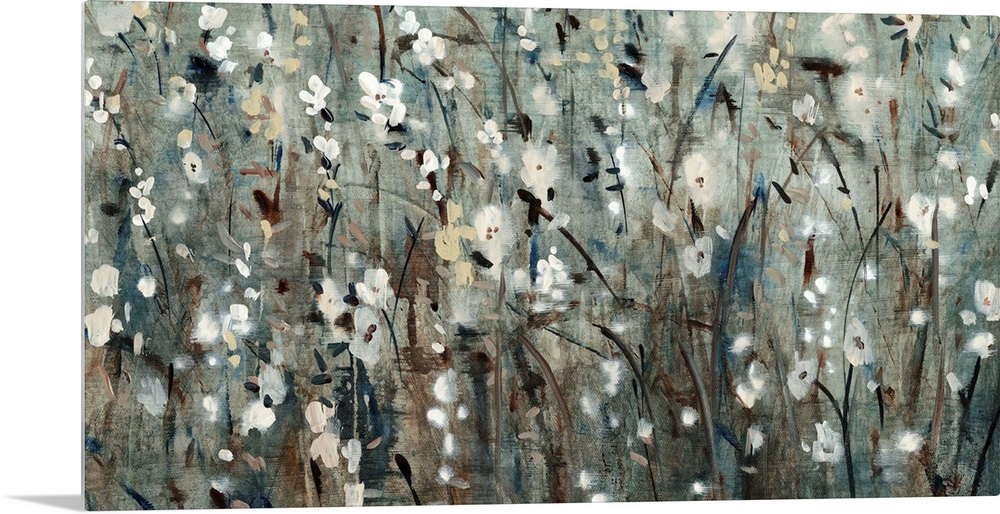 Contemporary painting of several flowers in a field, in blue and grey tones.
