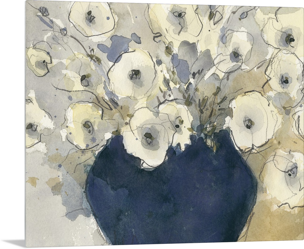 Muted watercolor painting of a vase full of flowers with fine outlines in black.