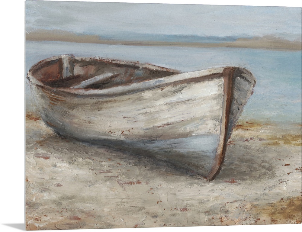 A tranquil, coastal scene of an old wooden rowboat pulled up onto the sand. It features neutral tones and a peaceful compo...