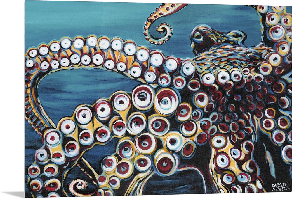 Contemporary painting of an octopus up close, highlighting its circular suctioned tentacles.