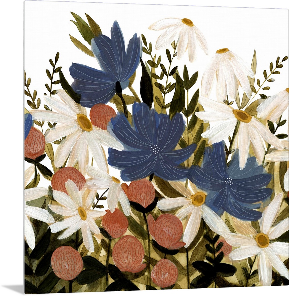 A beautiful painting of a group of wild flowers in a garden.