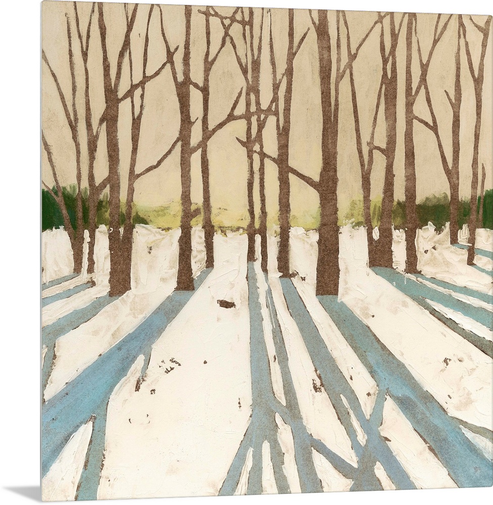 Contemporary painting of a winter snowscape with the shadows of the trees in the foreground.