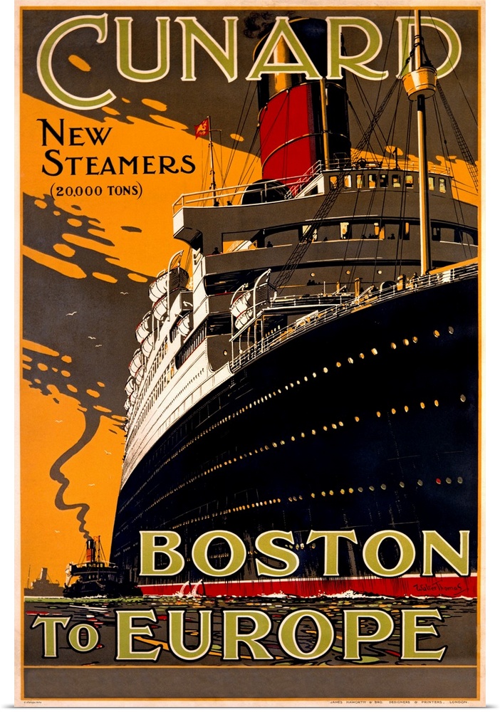 Huge vintage art displays an advertisement for a cruise ship with surrounding text.