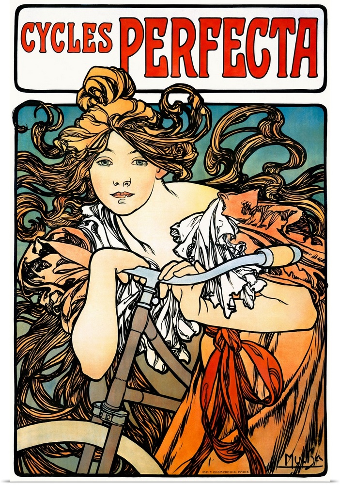 Art Nouveau poster of a beautiful female figure draped over a bicycle with flowing hair.