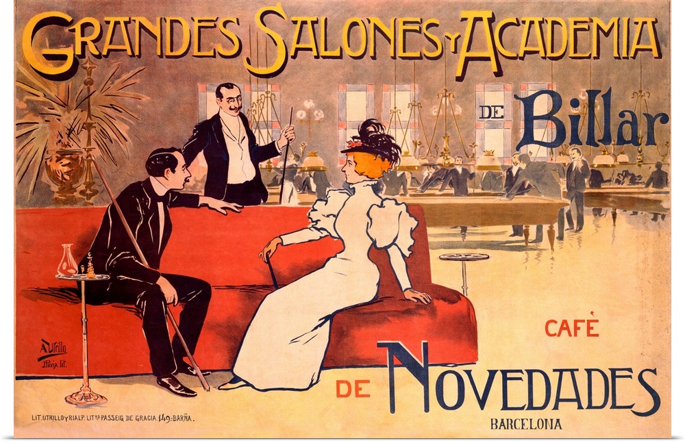 A horizontal, vintage advertising poster of a lounge and billiards club; in the foreground with two men in tuxedos are spe...