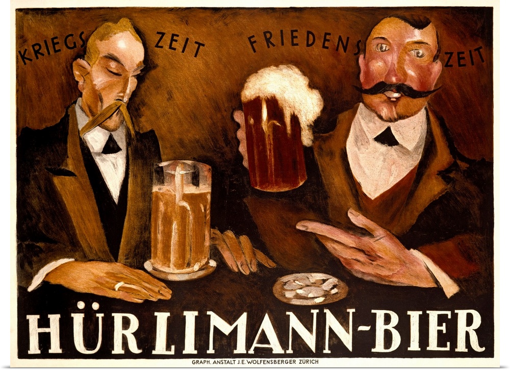 Large vintage art advertisement shows two nicely dressed men enjoying a couple of cold beers at a bar.