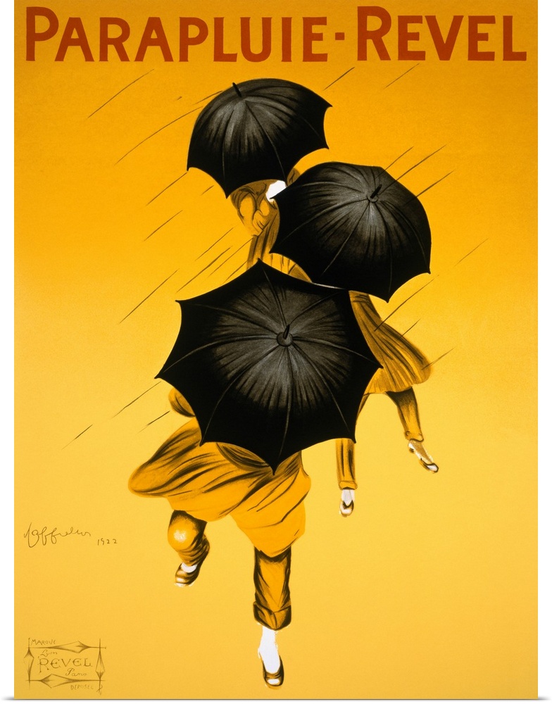 Big vintage art shows three women with umbrellas in the rain of a Parapluie Revel advertisement.