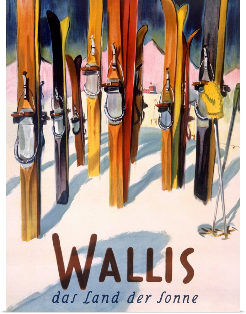 Large vintage art displays an advertisement for skiing with numerous sets of skis and poles sitting firmly in a snow cover...
