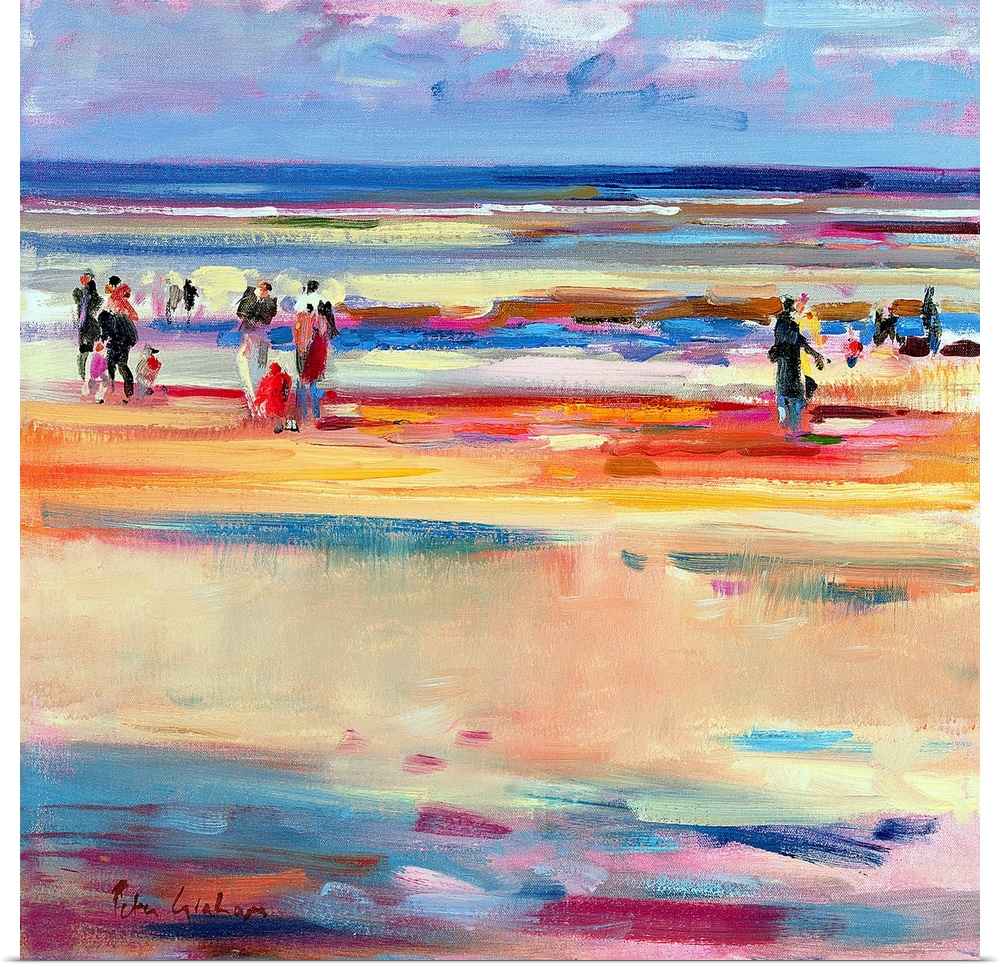 This contemporary abstract painting shows beach goers strolling up and down the shore of the seascape scene.