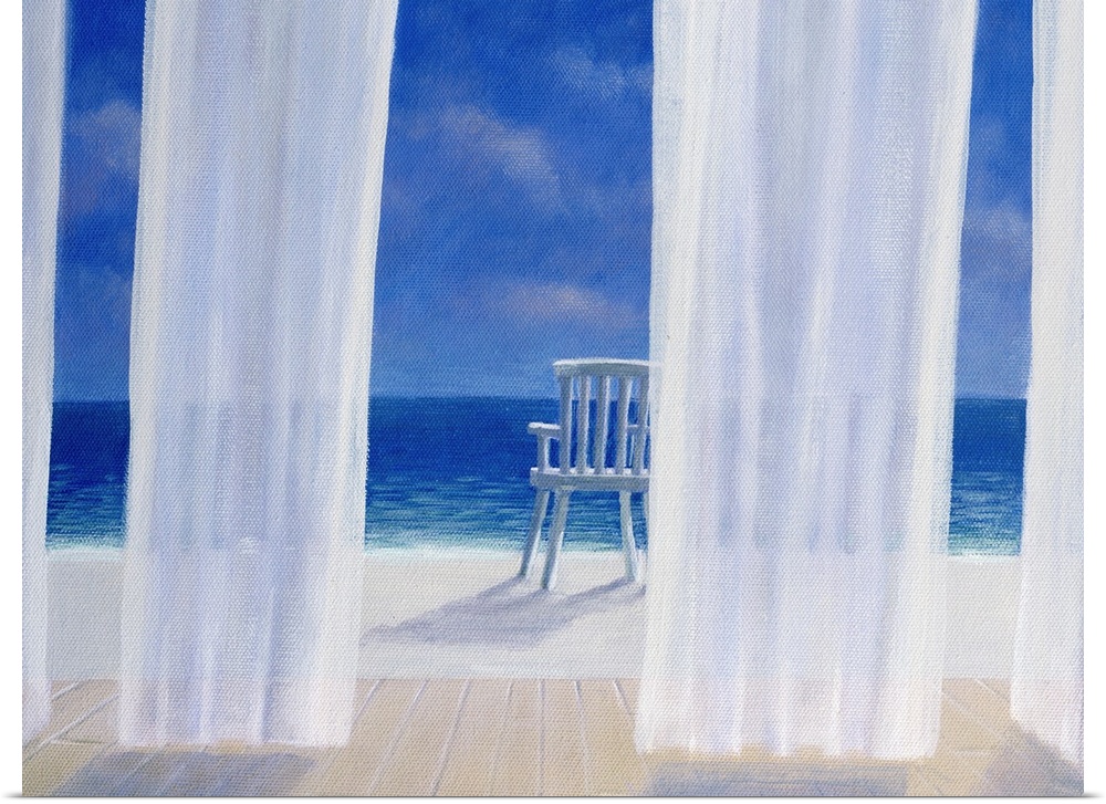 Fantastic wall art for a beach house this contemporary landscape painting looks out to sea through curtains blowing in the...