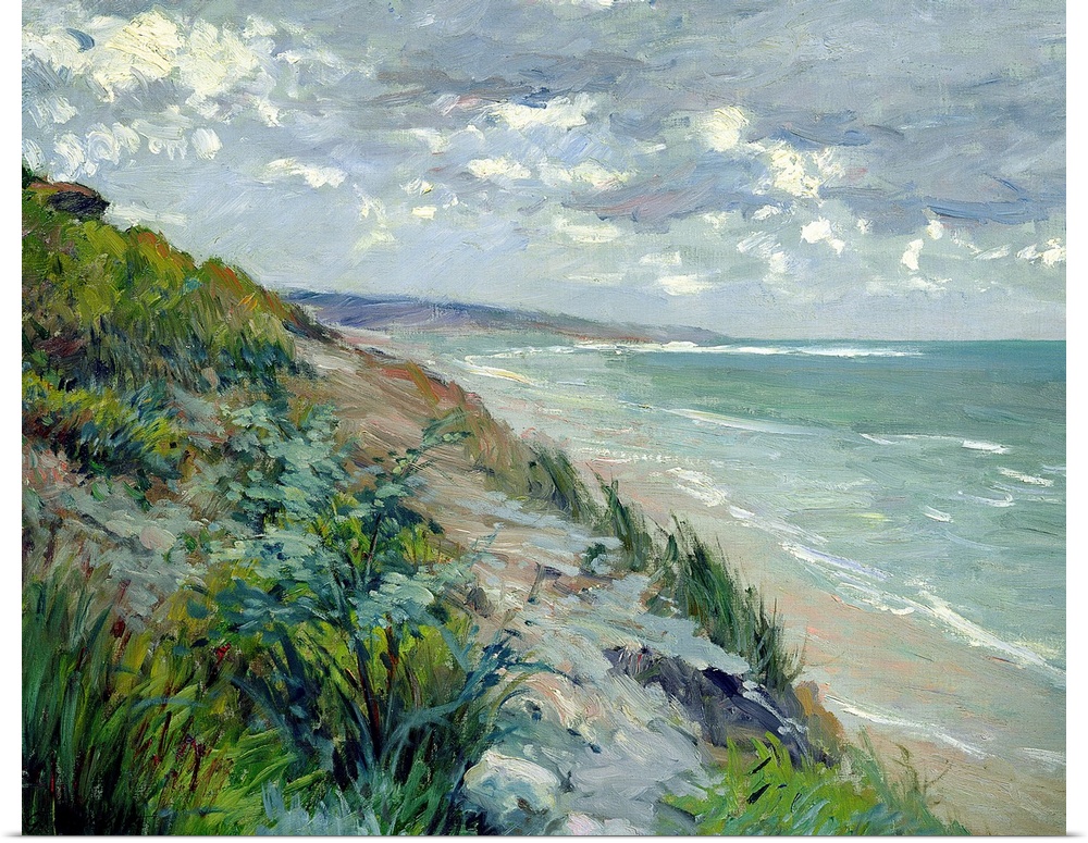 Impressionist landscape painting of the beach and a sea cliff covered in grass on a cloudy day.