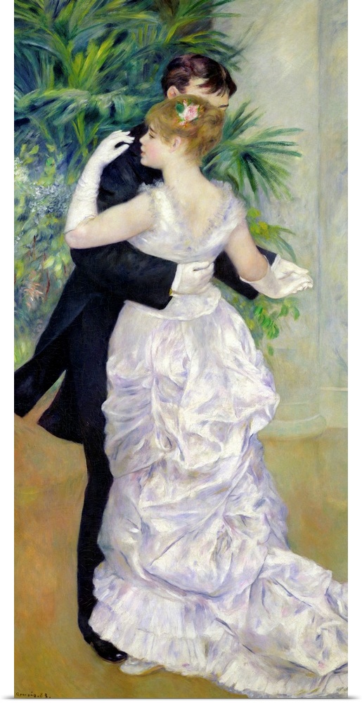 Big, vertical classic painting of a bride and groom dancing in front of greenery and pillars.
