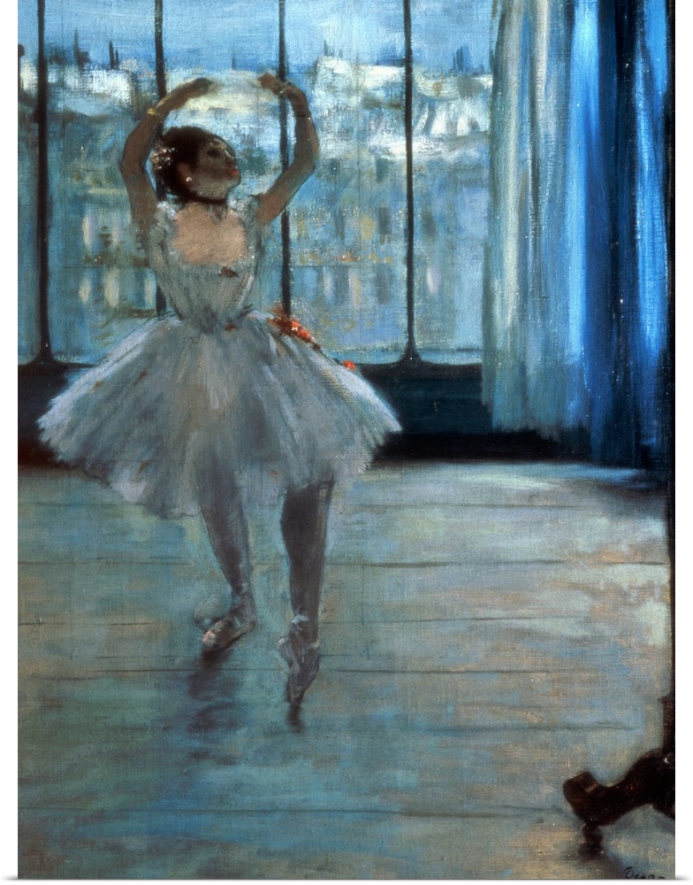 Painting by Edgar Degas of a single ballerina practicing by a window.