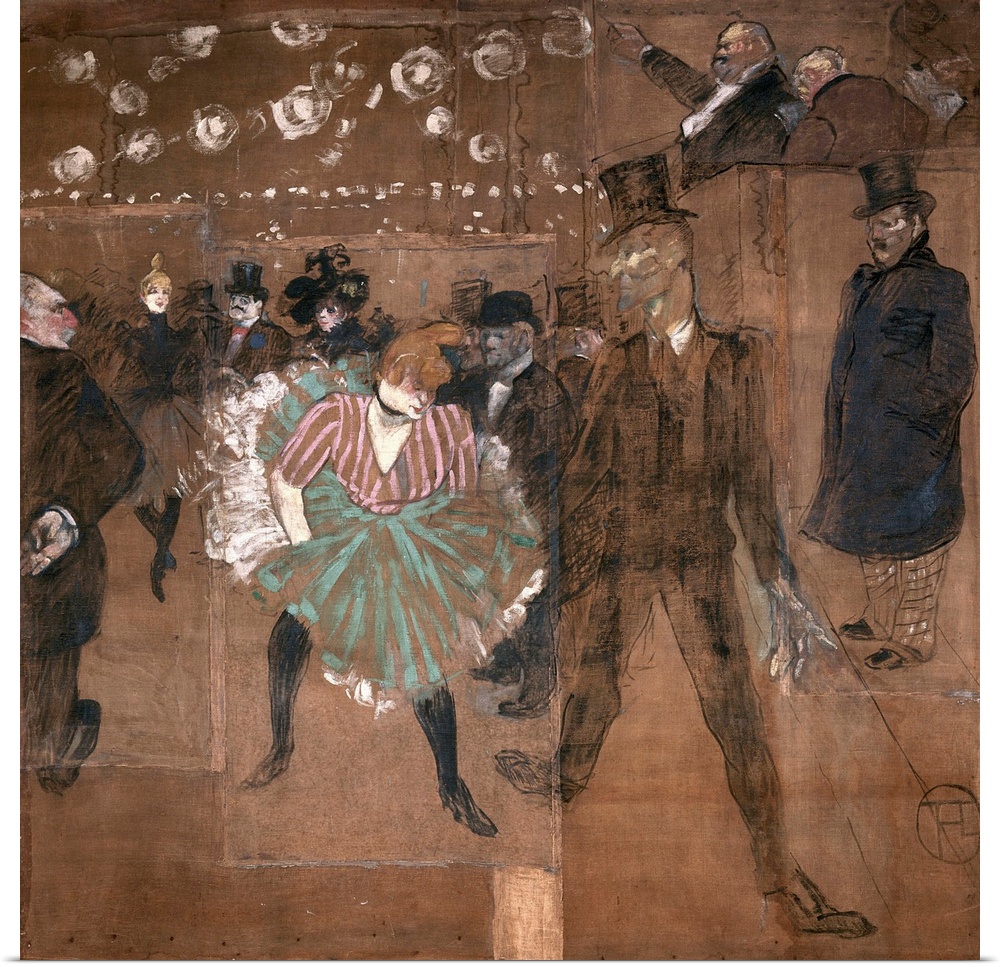 Painting of a dancehall filled with dancers under bright lights with a balcony of people overlooking them from above.