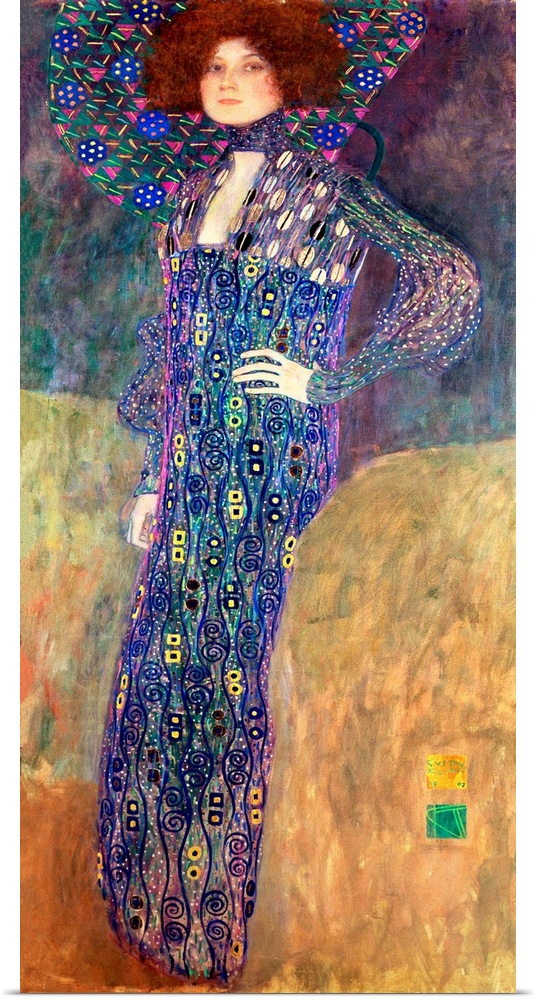 Panoramic classic art displays a woman wearing a dress composed of vibrant cool tones with accents of swirls, circles, squ...