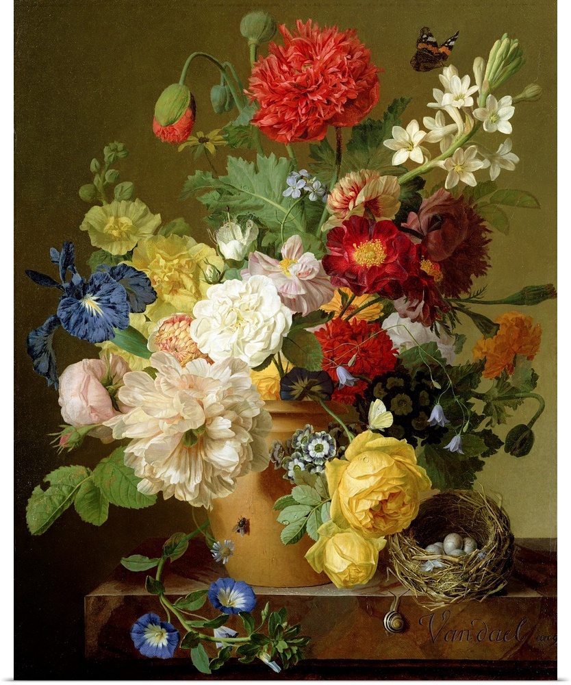 A nineteenth century still life painting of enormous floral blooms of many varieties, a birdos nest and butterfly.