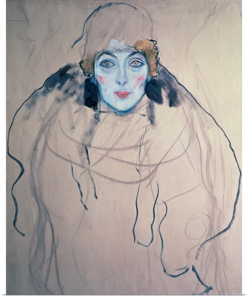 Abstract drawing of a woman with a painted face and outlines for her body.