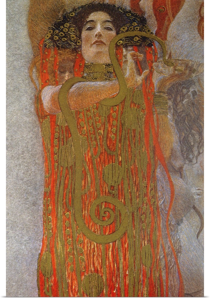 Vertical, oversized classic art on canvas of Hygieia, the goddess of good health, holding a snake that is wrapped around h...