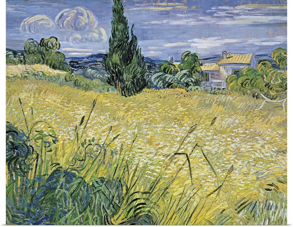 Classic oil painting of a field with a house in the distance made up of broad brush strokes.