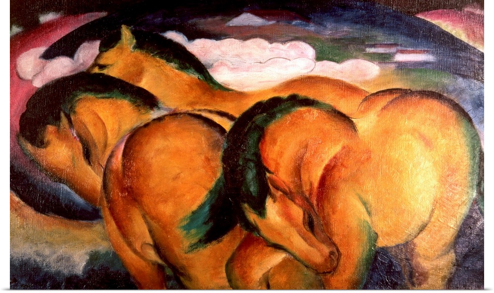A painting from early 20th century depicting horses created with large, round, sculptural shapes.