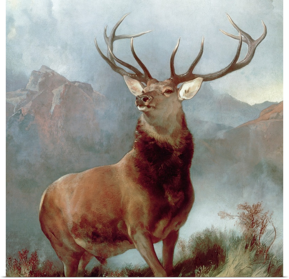 A square, landscape painting of a majestic stag posing in the mountains.
