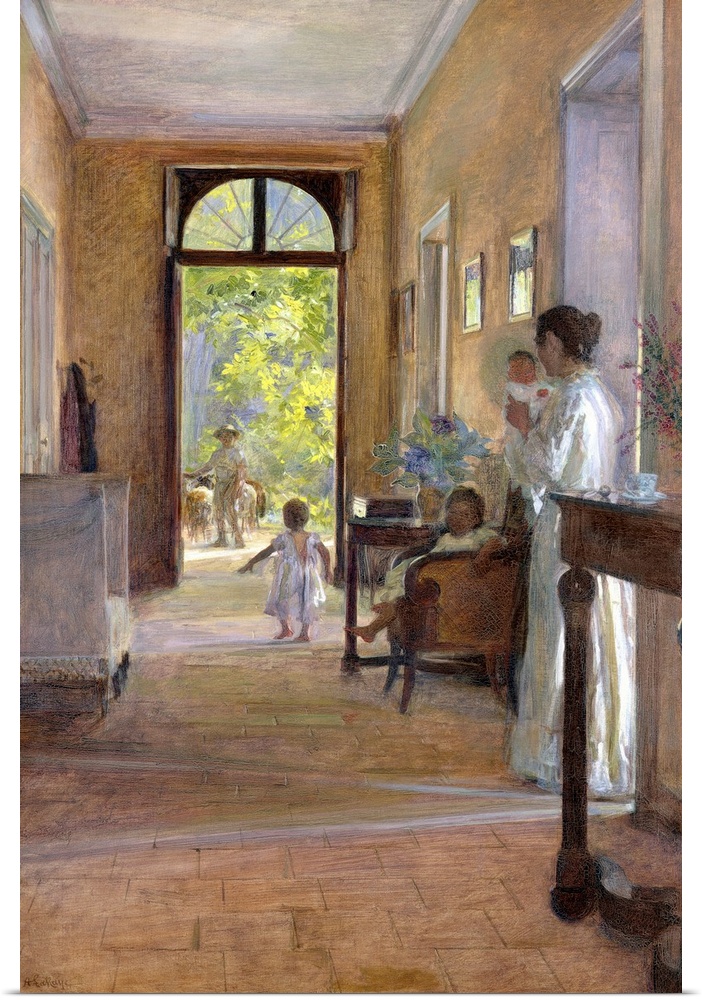 This this 19th century painting shows an idyllic family scene of an open hallway in a family home full over children.