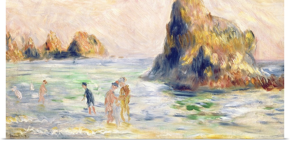 Large classic art composed of a set of couples as they enjoy the gentle waves crashing into them near the edge of a beach....