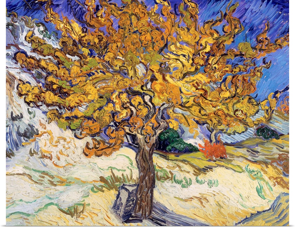Writhing brush strokes depict the leaves and tree branches in this lively Impressionist landscape.