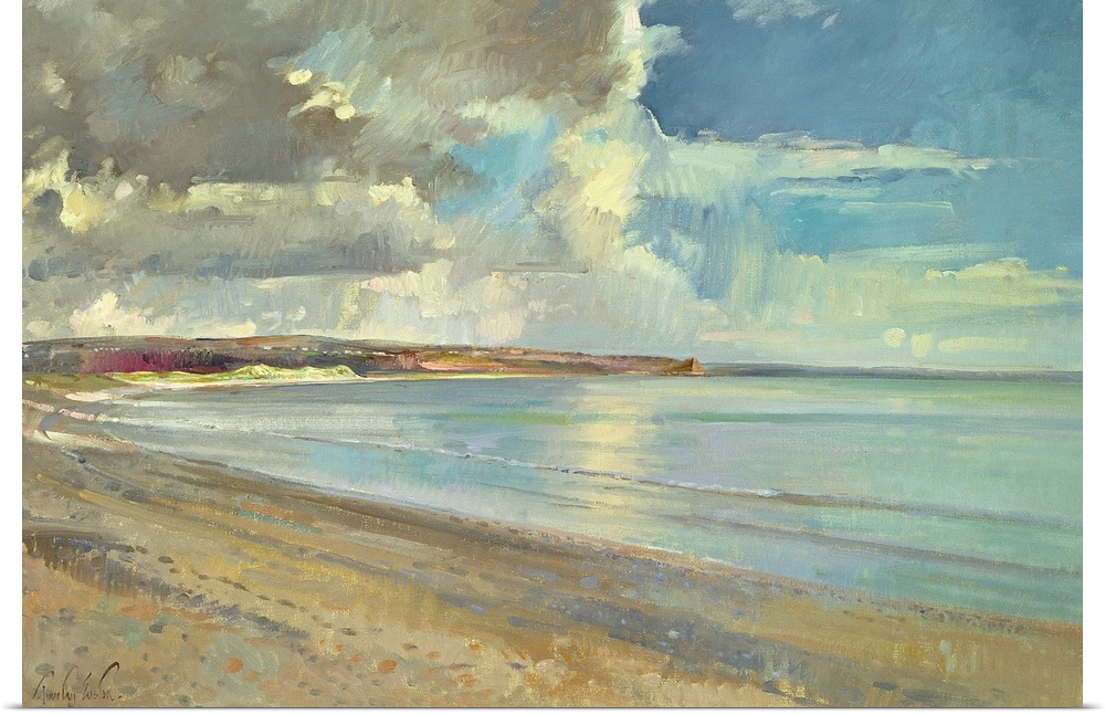 A contemporary, realistic landscape painting of a sandy beach on a partially cloud day.
