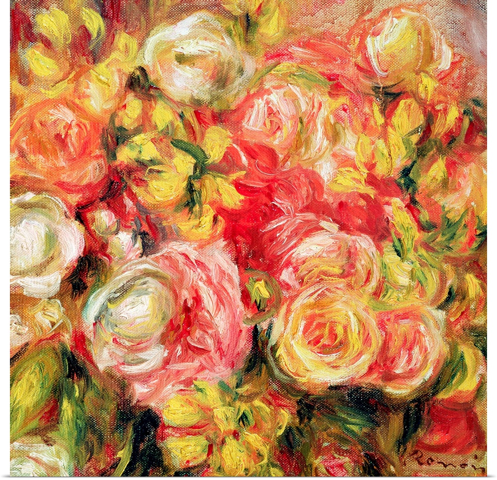 Oil painting on canvas of a bunch of warm toned roses.