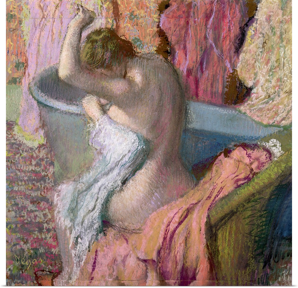 This large artwork piece shows a woman sitting in a chair next to her bathtub drying off. Many different colors and painti...