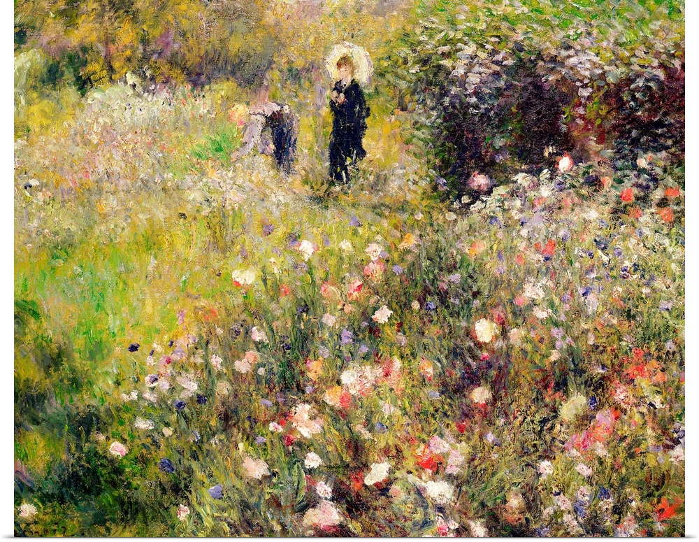 Classic oil painting of woman with umbrella and man dressed in overalls walking through a meadow of multicolored flowers a...