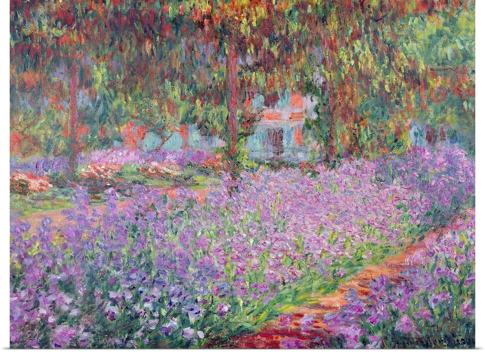 Giant classic art painting showcasing a beautiful garden filled with flowers and surrounding trees.