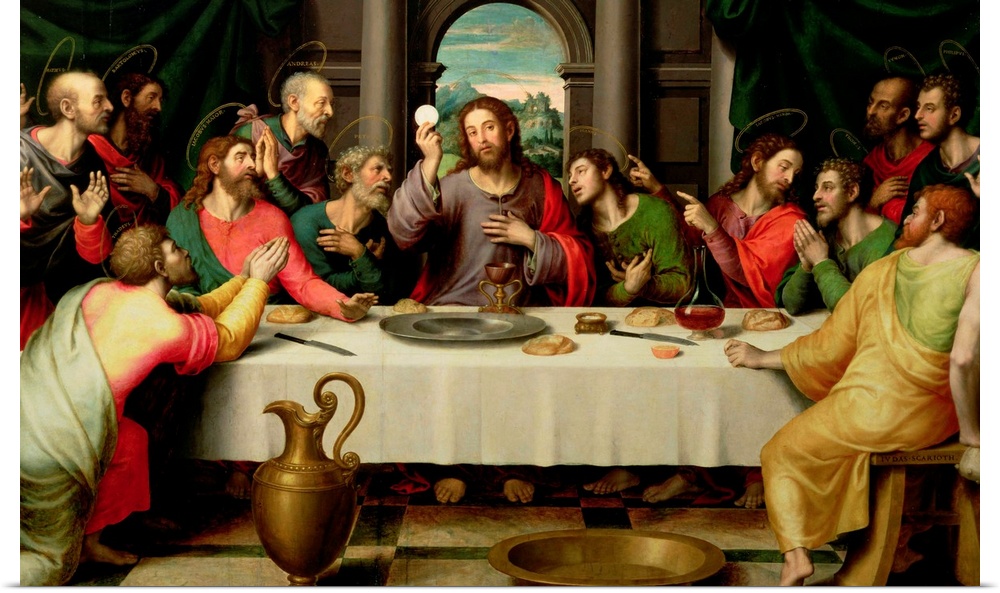 Big classic art depicts the final meal Jesus Christ shared with his Apostles in Jerusalem before his crucifixion.