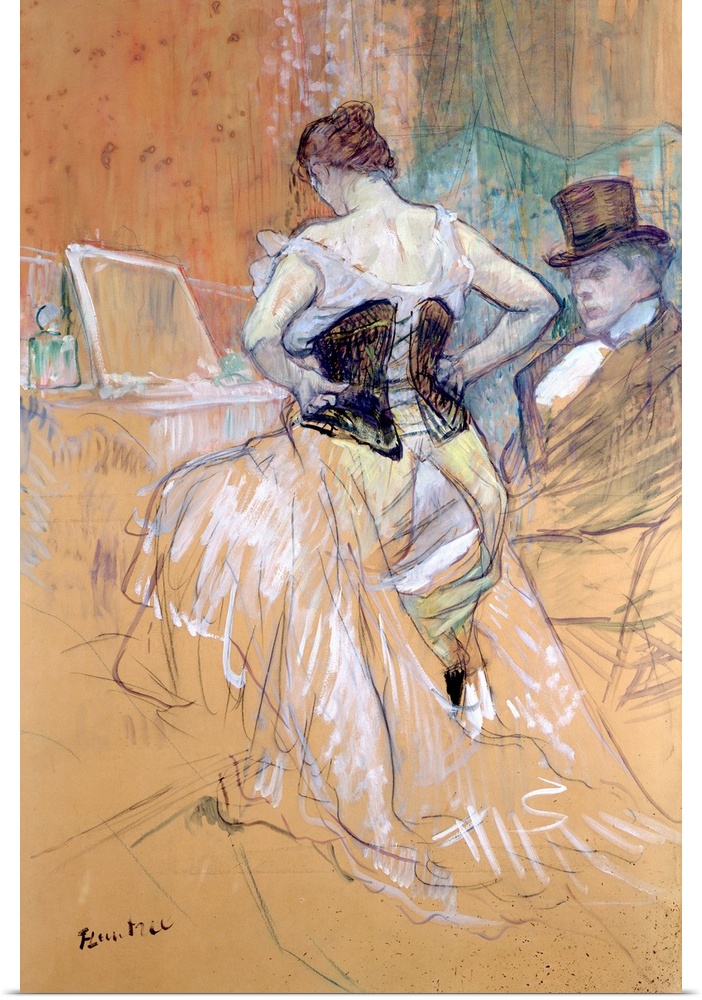 Classic artwork showing a woman from behind wearing a white dress with a black corset that is open in the back. A man in a...