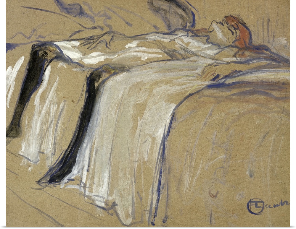 A large drawing of a woman lying on her back with a white dress and black stockings. She is draped over a bed.