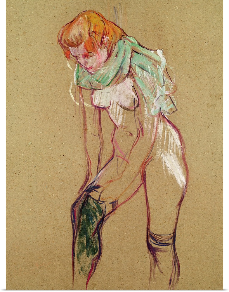 Vertical illustration of a partially nude woman pulling up her stocking, her shirt draped around her neck.